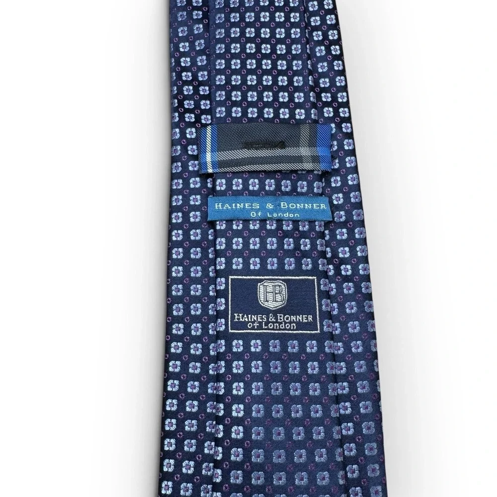 Haines & Bonner of London Silk Tie Blue Purple Geometric Floral Handmade 58x3.25